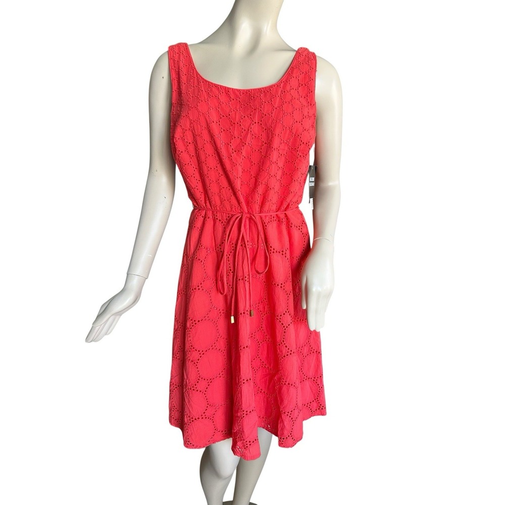 Studio One Coral Red Eyelet Dress Women's 10 A-line Lined Sleeveless Fit & Flare